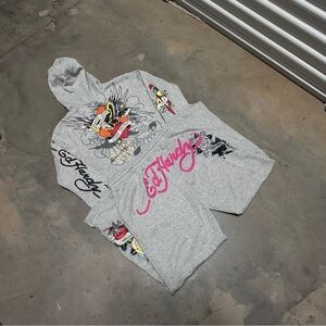 Ed Hardy Gray Tracksuit with Pink and Black Graphics